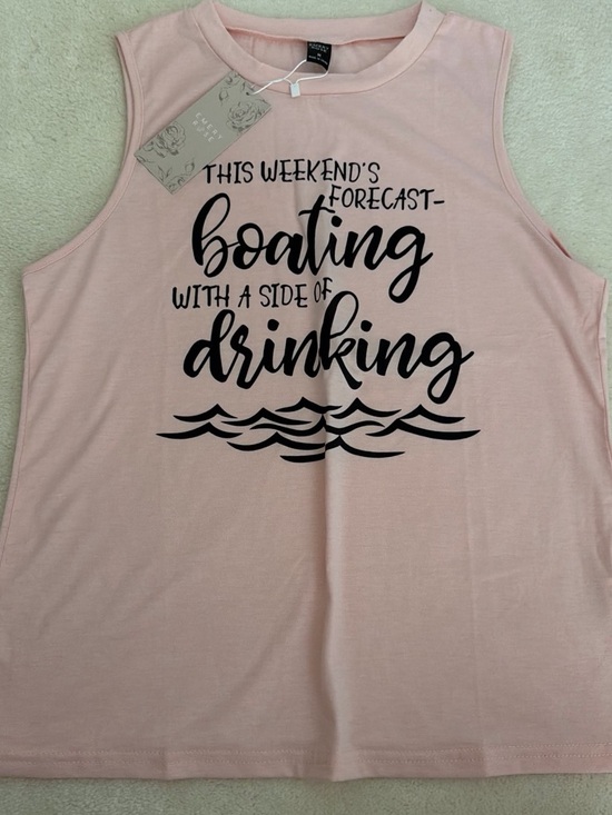 Emery Rose Tops - Sleeveless Graphic Tank Top - Light Pink - Boating With A Side Of Drinking